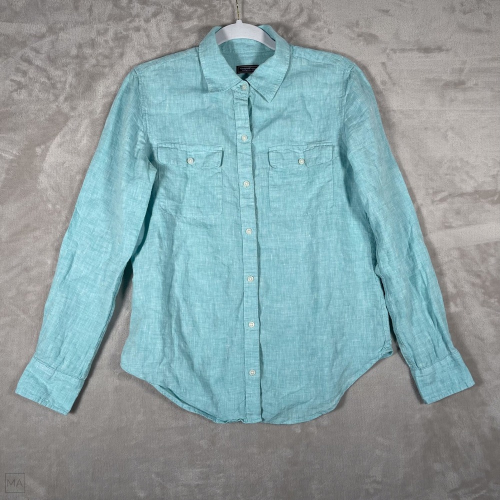 Vineyard Vines Women's Blouse Button Up 100% Linen Coastal Beach Vacation 4 Blue